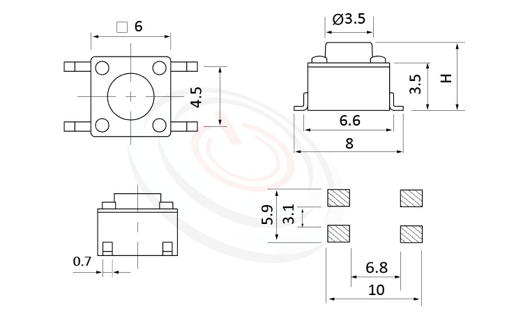 HTS-06MA Series 概略尺寸圖,標示產品: 6x6，SMD貼片包裝，輕觸開關Tact Switch的外型尺寸圖，產品尺寸在圖片中一目了然。 HTS-06MA規格包含: 6x6，SMT 表面黏著，圓頭，直立式，H高度:4.3mm~13mm，常用款。觸動開關小型化的輕觸開關，短行程，使用壽命長，開關壽命區間落在30萬次、50萬次、100萬次...