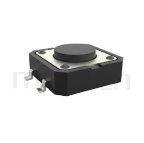 HTS-12MA Series 零件外觀造型示意圖，呈現產品: 12x12，SMD表面貼焊，觸動開關的零件外型圖，由圖片迅速確認開關概略外型。 HTS-12MA產品規格為: 12x12，SMD表面貼焊，垂直立式，圓頭，H高度:4.3mm~9mm，常用款。輕觸按鈕各種柄長可選擇、敏銳的接觸手感、接觸電阻小、精確的操作力誤差、規格多樣化、使用壽命長、高精密度