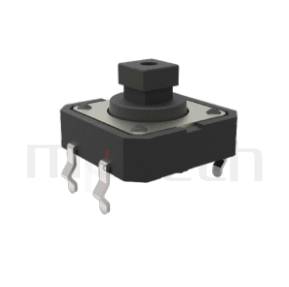 HTS-12PG Series 零件外觀造型示意圖，呈現產品: 12x12，DIP型，Tact Switch的零件外型圖，圖片可迅速觀察產品外觀特性。 HTS-12PG產品規格為: 12x12，DIP插件包裝，直立型，方柄，H高度:7.3mm，方頭按鍵。輕觸按鈕各種柄長可選擇、敏銳的接觸手感、接觸電阻小、精確的操作力誤差、規格多樣化、使用壽命長、高精密度