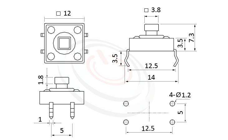 HTS-12PG Series 概略尺寸圖,標示產品: 12x12，DIP銲接，觸動開關的外型尺寸圖，圖片可迅速觀察零件外觀尺寸。 HTS-12PG規格包含: 12x12，插件，方柄，直立，H高度:7.3mm，方頭按鍵。觸碰開關小型化的輕觸開關，短行程，使用壽命長，開關壽命區間落在30萬次、50萬次、100萬次...