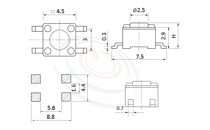 HTS-45MA Series 概略尺寸圖,標示產品: 4.5x4.5,SMD表面貼焊,輕觸開關的外型尺寸圖,圖片用來確認零件適用程度。 HTS-45MA規格包含: 4.5x4.5,SMD貼片包裝,圓柄,直立型,H高度:3.8mm~7.1mm,常用款。碰觸開關可適用於影音產品、數碼產品、遙控器、通訊產品、家用電器、安防產品、玩具、電腦產品、健身器材、醫療器材...等等