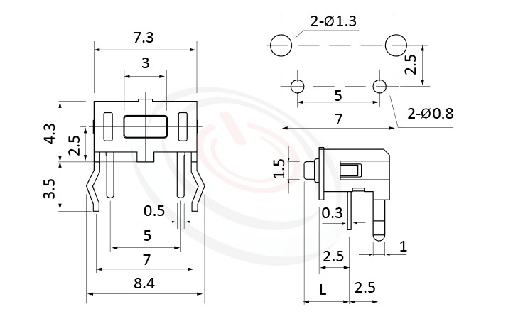 HTS-73RH Series 概略尺寸圖,標示產品: 7x4，插件，TACT SWITCH的外型尺寸圖，從圖片清楚顯示產品尺寸大小。 HTS-73RH規格包含: 7x4，插件，方頭，90度側按，L=4.3mm~5.0mm，側按型，方形側按具固定支架。輕觸開關Tact Switch小型化的輕觸開關，短行程，使用壽命長，開關壽命區間落在30萬次、50萬次、100萬次...