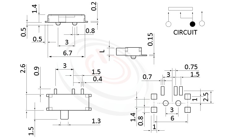 MK-12C02 系列,尺寸圖1P2T,SPDT迴路,臥式 迷你滑動開關 Mini Slide Switch
