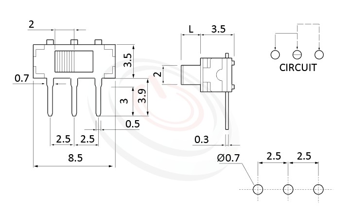 MK-12D13 系列,尺寸圖1P2T,SPDT迴路,臥式 迷你滑動開關 Mini Slide Switch