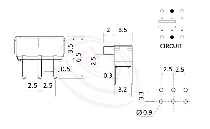 MK-22D10 系列,尺寸圖2P2T,DPDT迴路, 迷你滑動開關 Mini Slide Switch