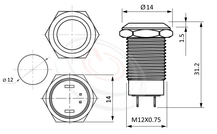 MP12-2ZF Series 長度/尺寸圖,標示產品: Φ12mm,不帶燈,金屬按鈕開關的外型尺寸,迅速從圖片確認零件外觀尺寸。 MP12-2ZF規格包含: Φ12mm,多用途的,平面不帶燈,有鎖兩段式,單接點,堅固材質: Stainless steel白鐵,鋁合金,金屬外殼。鉑達提供金屬按鍵壓扣按鈕,metal push button switch, metal button switch專業的產品服務。