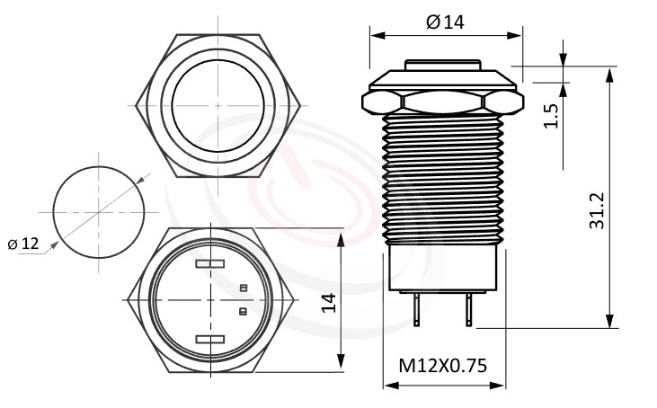 MP12-2ZK Series 長度/尺寸圖,標示產品: Φ12mm,不帶燈,防水金屬按鈕的外型尺寸,從圖片輕鬆確認零件外觀尺寸。 MP12-2ZK規格包含: Φ12mm,,抗沖擊高強度,高平面不帶燈,自保持,常開1NO,堅固材質: 外殼金屬,不鏽鋼,白鐵不銹鋼。鉑達提供防水 金屬 按鈕 按鍵 按壓 按押,metal push button switch, Anti-Vandal button,Waterproof pushbutton, metal button switch專業的產品服務。