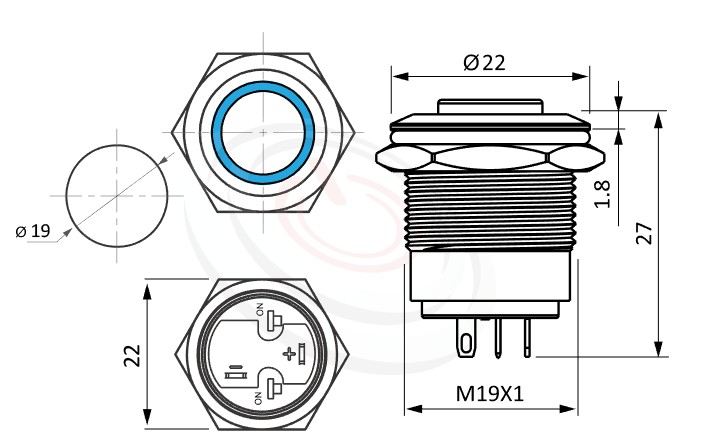 MP19-4ZH Series概略尺寸圖,標示LED照光金屬開關,無極性,正反都可接的外型長度,短款,高圓柄,眼睛為之一亮的開關新選擇-IP/IK防護,可對照J19,EJ19,pbm19,cmp,bpb,GQ19,LAS1-BGQ,LAS1-AGQ,LAS1GQ,mp19n,ft-19,lb19b,MPB19,MPS19,MW19,HK19B,HKYB19B,qn19,平圓型,材質-SUS不鏽鋼,黃銅,鋁殼