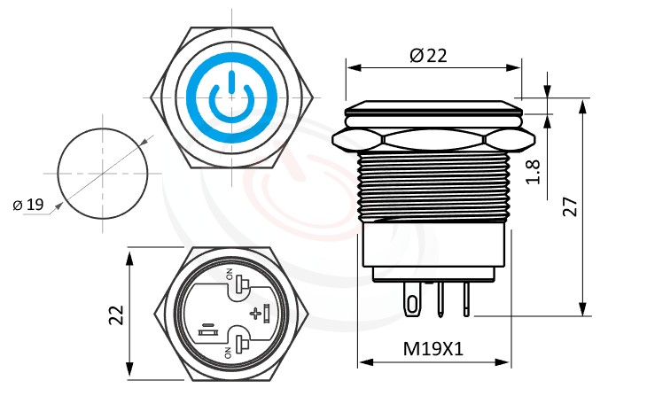 MP19-4ZQ Series概略尺寸圖,標示帶燈金屬按鈕開關,LED雙晶片無極性無方向性的外型長度,短款,小型化,平面,亮眼外觀,引人注目-IP/IK防護,對應pbm19,cmp,bpb,mp19n,ft-19,lb19b,J19,MPB19,MPS19,MW19,HK19B,HKYB19B,qn19,GQ19,LAS1-BGQ,LAS1-AGQ,LAS1GQ,LAS4GQ字符+環形帶燈,材質-黃銅,鋁合金,不銹鋼