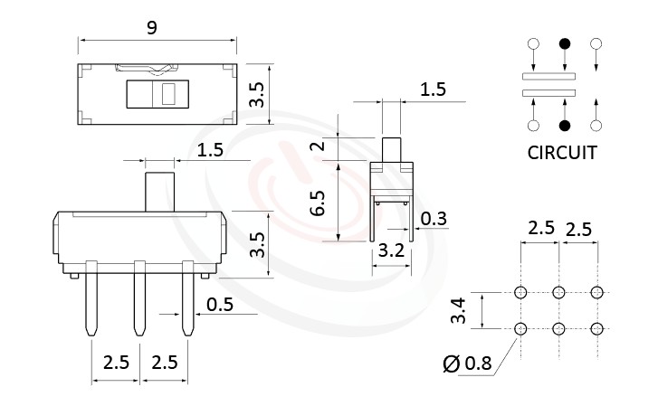 MS-22D16 系列,尺寸圖2P2T,DPDT迴路,迷你滑動開關Mini Slide Switch