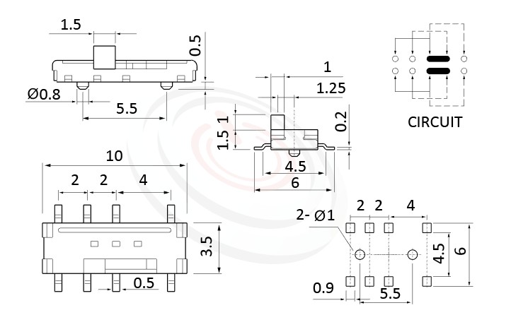 MS-23C01 系列,尺寸圖2P3T,DP3T迴路, 迷你滑動切換開關 Mini Slide Switch