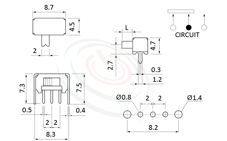 SK-12D02 系列,尺寸圖1P2T,SPDT迴路,臥式滑動開關Slide Switch