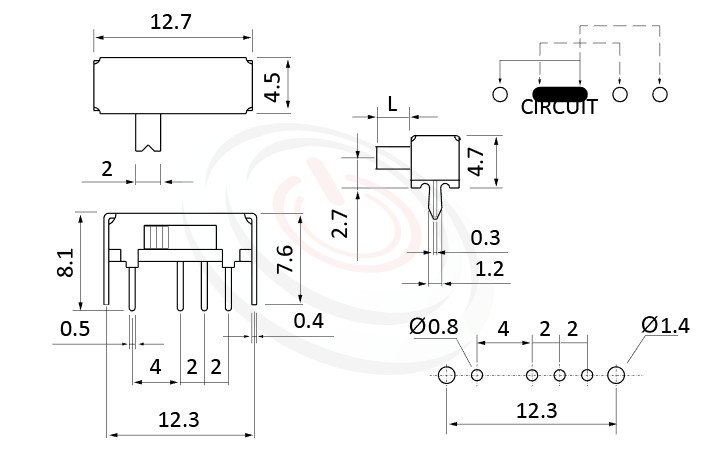 SK-13D01 系列,尺寸圖1P3T,SP3T迴路,滑動切換開關Slide Switch
