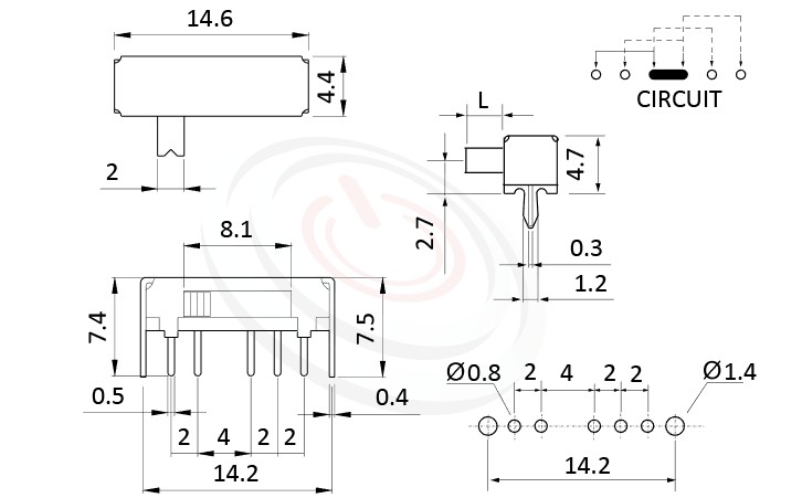 SK-14D02 系列,尺寸圖1P4T,SP4T迴路,滑動開關Slide Switch