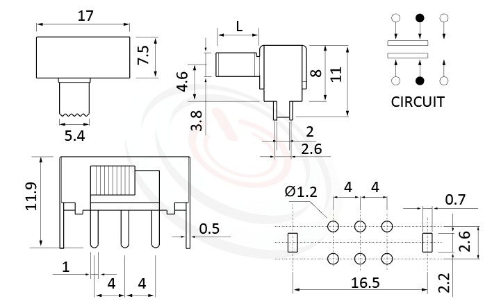 SK-22F12 系列,尺寸圖2P2T,DPDT迴路,水平臥式滑動開關Slide Switch