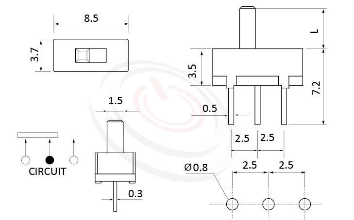 SS-12D01 系列,尺寸圖1P2T,SPDT迴路,滑動切換開關Slide Switch