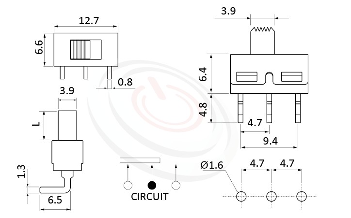 SS-12D06 系列,尺寸圖1P2T,SPDT迴路,Vertical Slide Switch ,立式滑動開關