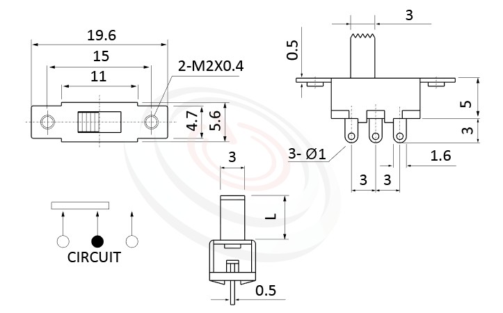 SS-12F16 系列,尺寸圖1P2T,SPDT迴路,Vertical Slide Switch ,立式撥動開關