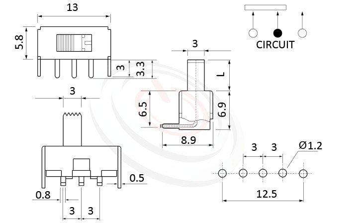 SS-12F23 系列,尺寸圖1P2T,SPDT迴路,滑動開關Slide Switch