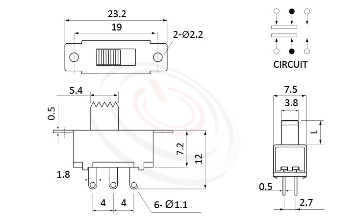 SS-22F32 系列,尺寸圖2P2T,DPDT迴路,滑動開關Slide Switch