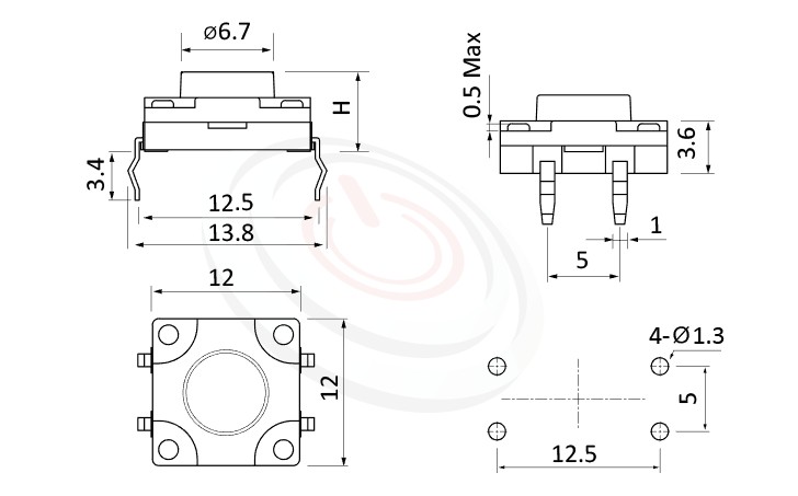 WTS-12P3 Series 概略尺寸圖,標示產品: 12x12，DIP插版型，Tact Switch的外型尺寸圖，迅速從圖片確認零件外觀尺寸。 WTS-12P3規格包含: 12x12，DIP包裝，圓柄，立式，H高度:4.3mm~21mm，防水，IP67防水。觸動開關可廣泛使用在雲端裝置、智能家居、家電業、健康醫療產品業、工控安全系統及通訊業等IOT相關產業