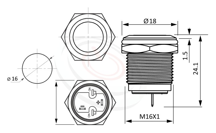 MP16-2ZF Series 尺寸圖,標示產品: Φ16mm短款、自鎖、平鈕、無燈、自鎖型、NO接點、不帶燈防水開關的外型尺寸。| MP16TECH鉑達 提供各種 Vandal Resistant Switches專業服務。