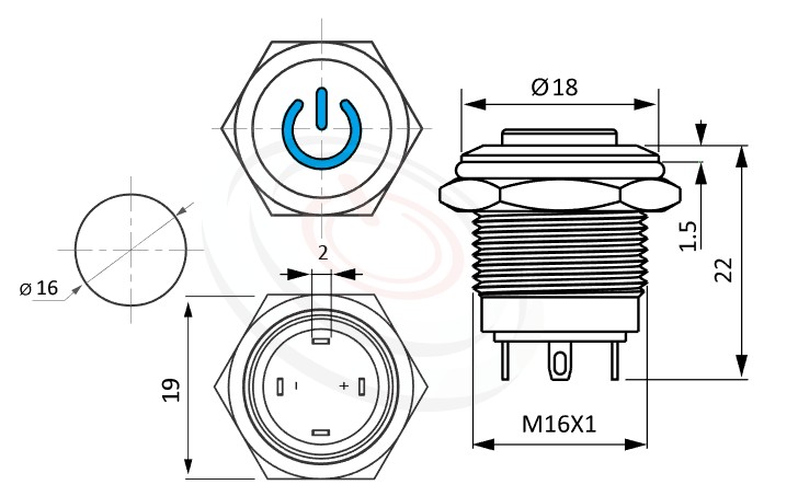 MP16-4ME Series 尺寸圖,標示產品: Φ16mm短款、POWER燈、高平面、啟動符號燈、復歸自復位、SPST-NO、啟動符號燈防水帶燈開關的外型尺寸。| MP16TECH鉑達 提供各種 Waterproof metal pushbutton專業服務。