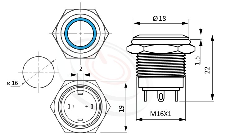 MP16-4MF Series 尺寸圖,標示產品: Φ16mm短款、Ring、平柄、Ring、復歸自復位、常開1NO、圓型燈防水帶燈開關的外型尺寸。| MP16TECH鉑達 提供各種 anti-vandal Switches專業服務。