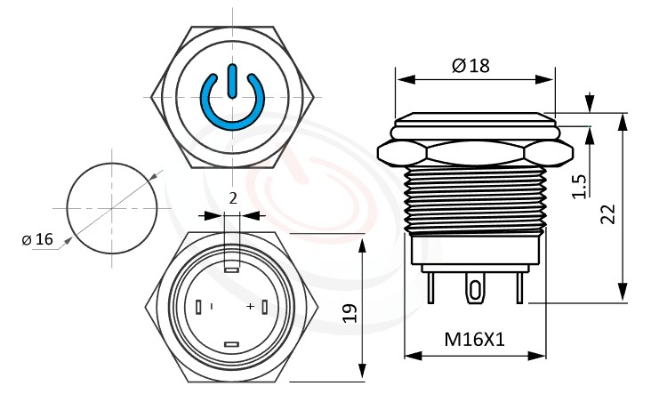 MP16-4MP Series 尺寸圖,標示產品: Φ16mm短款小型、io符號燈、平頭、io符號燈、無鎖復位、1NO常開接點、開機符號燈帶燈防水開關的外型尺寸。| MP16TECH鉑達 提供各種 metal push button switch專業服務。