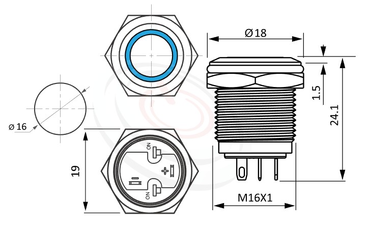 MP16-4ZF Series 尺寸圖,標示產品: Φ16mm短款小型、有段、平圓形、環型LED、自鎖型、1NO常開接點、環形燈防水帶燈按鈕的外型尺寸。| MP16TECH鉑達 提供各種 metal push button switch專業服務。