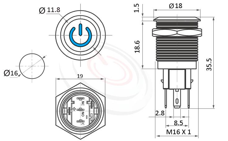 MP16-5ZP Series 尺寸圖,標示產品: Φ16mm自保持、IO符號燈、平柄、啟動符號、兩段式、SPDT、POWER燈金屬帶燈按鈕的外型尺寸。| MP16TECH鉑達 提供各種 waterproof pushbutton專業服務。