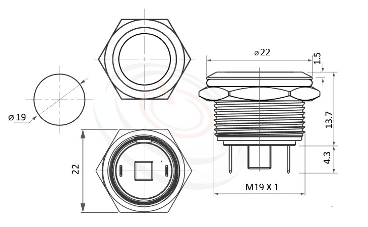 MP19-2MF Series 尺寸圖,標示產品: Φ19mm小型短柄、復歸自復位、平型、無燈、回彈觸發、一組A接點、不帶燈金屬按鈕的外型尺寸。| MP16TECH鉑達 提供各種 Waterproof metal pushbutton專業服務。