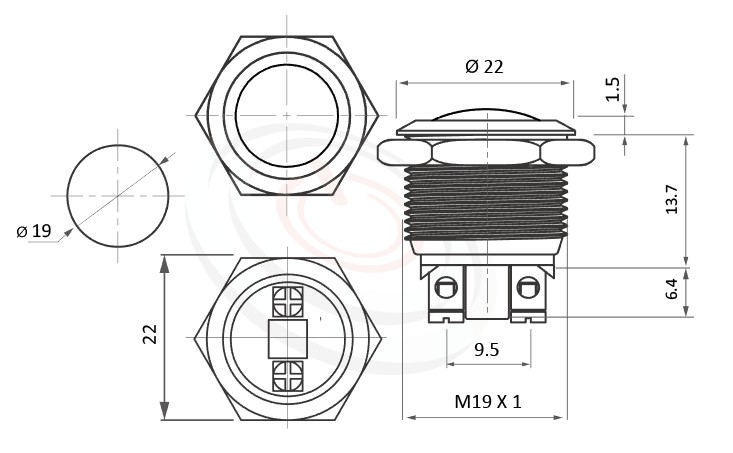 MP19-2MRL Series 尺寸圖,標示產品: Φ19mm接線柱、圓弧柄、弧面、無燈、無段復位、一組A接點、無燈防水開關的外型尺寸。| MP16TECH鉑達 提供各種 anti-vandal Switches專業服務。