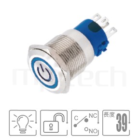 MP19-5MQ Series 零件外型示意圖,顯示防水按鍵Φ19mm,無段復位,無鎖復位帶燈防水開關的外觀,產品參數訊息在圖片中清楚顯示。規格:開孔Φ19mm啟動符號,1NO1NC1COM,自復回彈平面,無鎖復歸,電源符號燈。