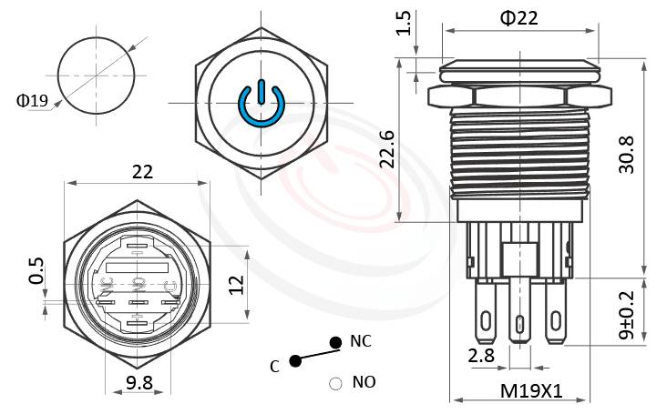 MP19-5ZP Series 尺寸圖,標示產品: Φ19mmmaintained、開機符號燈、平柄、電源logo、maintained、1NO1NC1COM、開機符號燈防水帶燈開關的外型尺寸。| MP16TECH鉑達 提供各種 Vandal Resistant Switches專業服務。
