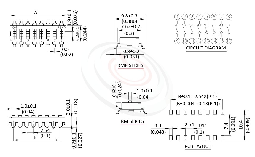 DIP-RM 尺寸圖, 面板尺寸Pitch 2.54mm,指撥開關DIP Switch ,Pitch 2.54mm,01~12 Positions ,SMD