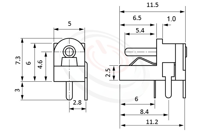 HDC-526系列 尺寸圖 直流電源插座DC POWER JACK ,Center pin Ø1.0 / Ø1.3 mm 中心針 Ø1.0 / Ø1.3 mm ,外圓 孔徑 ,90度 90° DIP