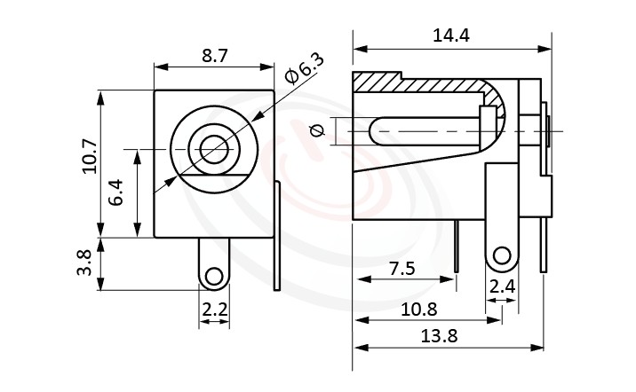 HDC-549系列 尺寸圖 DC電源插座DC POWER JACK ,Center pin Ø2.0 / Ø2.5 mm 中心針 Ø2.0 / Ø2.5 mm ,外圓 孔徑 6.3 ,90度 90° DIP