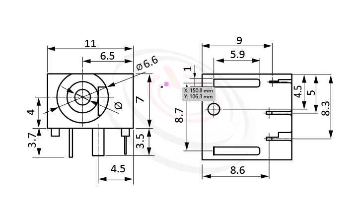 HDC-558系列 尺寸圖 DC電源插座DC POWER JACK ,Center pin Ø2.0 / Ø2.5 mm 中心針 Ø2.0 / Ø2.5 mm ,外圓 孔徑 6.6 ,90度 90° DIP