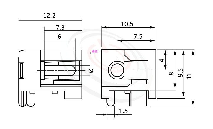 HDC-562系列 尺寸圖 DC電源插座DC POWER JACK ,Center pin Ø2.0 / Ø2.5 mm 中心針 Ø2.0 / Ø2.5 mm , ,90度 90° DIP