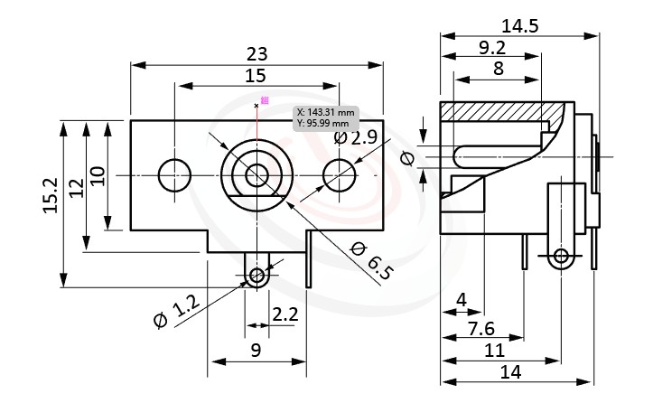 HDC-568系列 尺寸圖 DC電源插座DC JACK ,Center pin Ø2.0 / Ø2.5 mm 中心針 Ø2.0 / Ø2.5 mm ,外圓 孔徑 6.5 ,90度 90° DIP