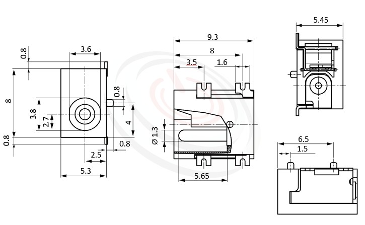 HDC-584系列 尺寸圖 直流電源插座DC JACK ,Center pin Ø1.3 / Ø1.65 mm 中心針 Ø1.3 / Ø1.65 mm ,外圓 孔徑 3.8 ,90度 90° SMD