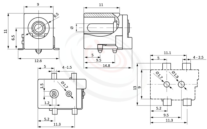 HDC-591系列 尺寸圖 DC電源插座DC JACK ,Center pin Ø2.0 / Ø2.5 / Ø3.0 mm 中心針 Ø2.0 / Ø2.5 / Ø3.0 mm ,外圓 孔徑 6.5 ,90度 90° SMD