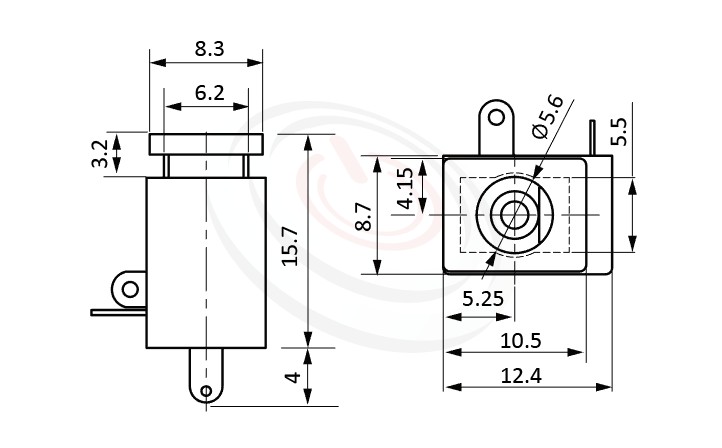 HDC-624系列 尺寸圖 直流電源插座DC POWER JACK ,Center pin Ø2.0 / Ø2.5 mm 中心針 Ø2.0 / Ø2.5 mm ,外圓 孔徑 5.6 ,90度 90° DIP