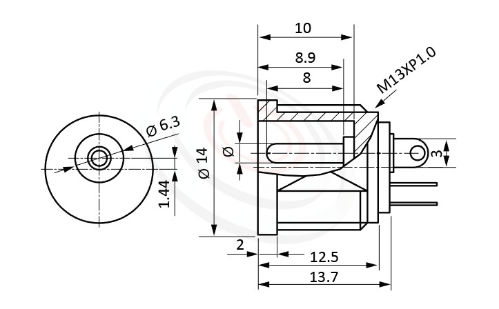 HDC-634系列 尺寸圖 直流電源插座DC POWER JACK ,Center pin Ø2.0 / Ø2.5 mm 中心針 Ø2.0 / Ø2.5 mm ,外圓 孔徑 6.3 ,180度 180° DIP