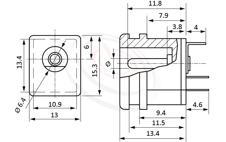 HDC-636系列 尺寸圖 DC電源插座DC POWER JACK ,Center pin Ø2.0 / Ø2.5 / Ø3.0 mm 中心針 Ø2.0 / Ø2.5 / Ø3.0 mm ,外圓 孔徑 6.4 ,180度 180° DIP