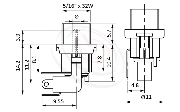 HDC-667系列 尺寸圖 DC電源插座DC JACK ,Center pin Ø2.0 / Ø2.5 mm 中心針 Ø2.0 / Ø2.5 mm ,外圓 孔徑 5.7 ,90度 90°