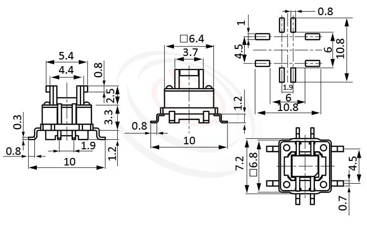HFD-415TP系列 尺寸圖 雙色LED輕觸開關LED Tact Switch ,5.4x3.7 按鍵面 ,尺寸 6.4x6.4,版上高度7mm ,無鍵帽,立式,SMD ,8PIN,雙色