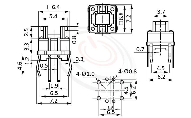 HFD-615TP系列 尺寸圖 LED輕觸開關LED Tact Switch ,5.4x3.7 按鍵面 ,尺寸 6.4x6.4,版上高度7mm ,無鍵帽,立式,DIP ,8PIN,雙色