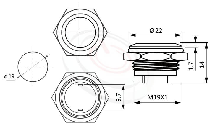 MP19T-2MF Series概略尺寸圖,標示防水按鈕開關的外型長度,輕薄短小,平柄,1NO，金屬材質按鍵可對應於J19,MPB19,MPS19,MW19,HK19B,HKYB19B,EJ19,GQ19,LAS1-BGQ,LAS1-AGQ,LAS1GQ,lb19b,qn19,pbm19,cmp,bpb,mp19n,ft-19,材質-SUS不鏽鋼,黃銅,鋁殼,復位無段-IP65以上防水等級，不鏽鋼防水金屬按鍵,標示開關開孔安裝尺寸,各細部尺寸